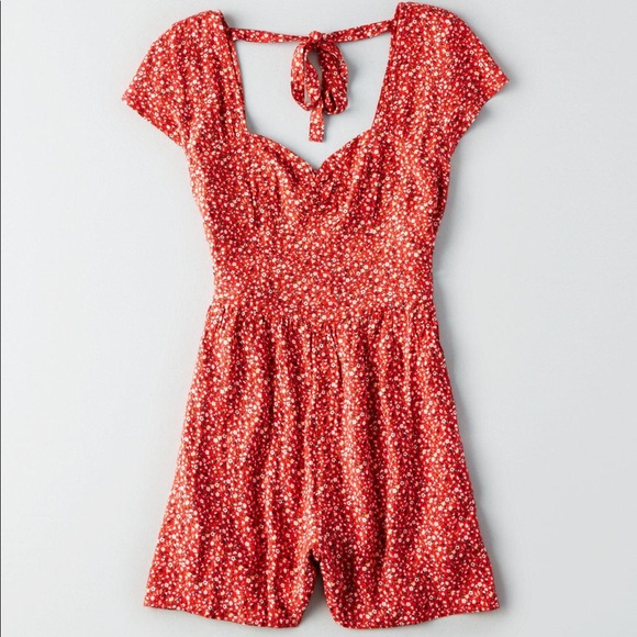 American Eagle Outfitters Pants - AE NWT Red Floral Sweetheart Neckline Romper - M